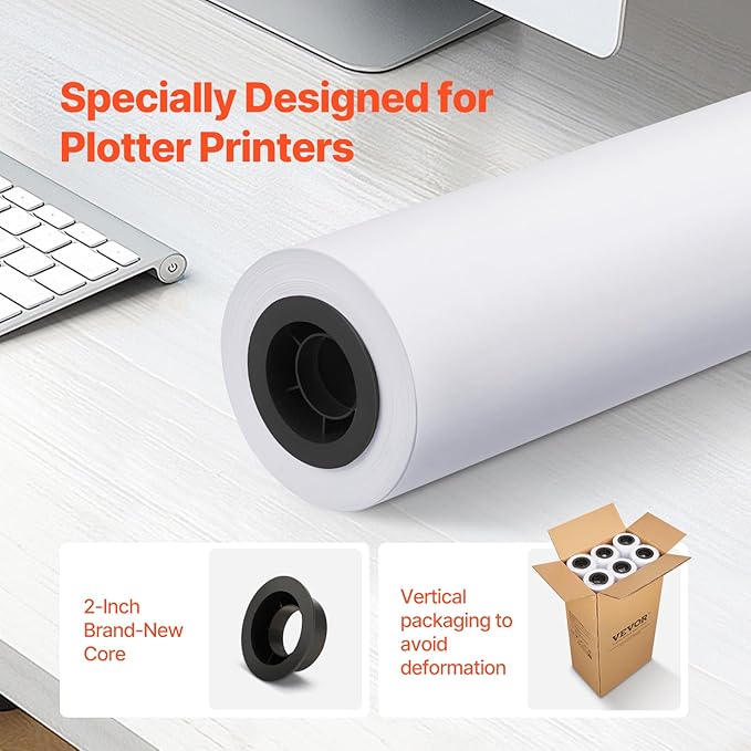 VEVOR 24 in x 150 ft Plotter Paper, 6 Rolls, 20 LB Bond, Architectural D/E, 2496 Sheets, White, Uncoated, Biodegradable, 94% Opacity, Ideal for CAD, Engineering, GIS Maps & Architectural Designs