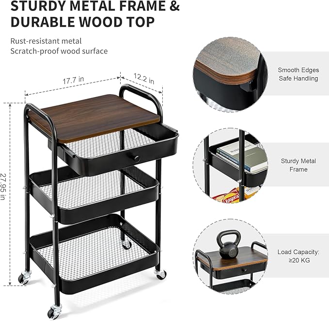 CAMOAT 3-Tier Rolling Storage Cart with Wooden Top and Drawer, Metal Mesh Mobile Utility Cart with Handle and Lockable Wheels, Multipurpose Organizer Trolley for Kitchen, Living Room, Bathroom,Office