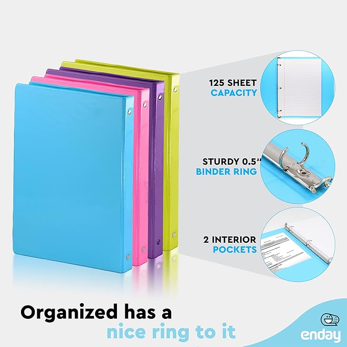 ½ Inch 3 Ring Binder .5 inch Clear View Cover with 2 Inside Pockets, Colored School Supplies Office and Home Binders - Assorted Colors May Vary (4 Pack) – by Enday