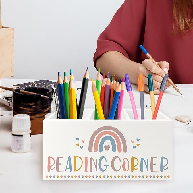 QZQE Boho Reading Corner Pen Pencil Holder Organizer for Desk, Boho Rainbow Bookish Wooden Box Signs Decorations for Reading Nook Corner Room Desk Tabletop, Book Lover Reader Gifts