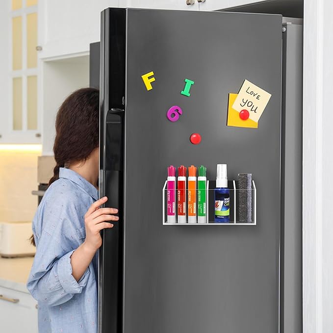 HBlife 2 Pack Magnetic Dry Erase Marker Holder for Whiteboard with 3 Compartments, Acrylic Wall Mount Magnet Pen Holder for Refrigerator, Locker Organizer Accessories for Classroom Office, Clear
