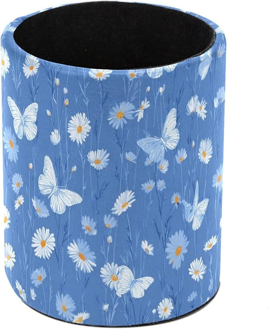 Leather Pen Holder for Desk Blue Butterfly Daisy Pencil Cup Desktop Organizer Makeup Brush Holders Office Supplies for Home, Kids & School