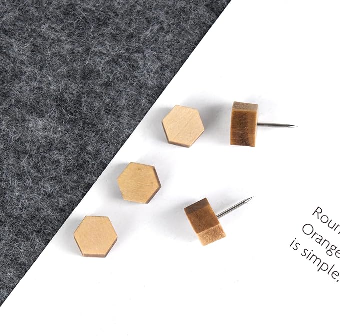 Decorative Push Pins,Wooden Push Pins for Cork Board,Thumb Tacks for Cork Board Hexagon (50)