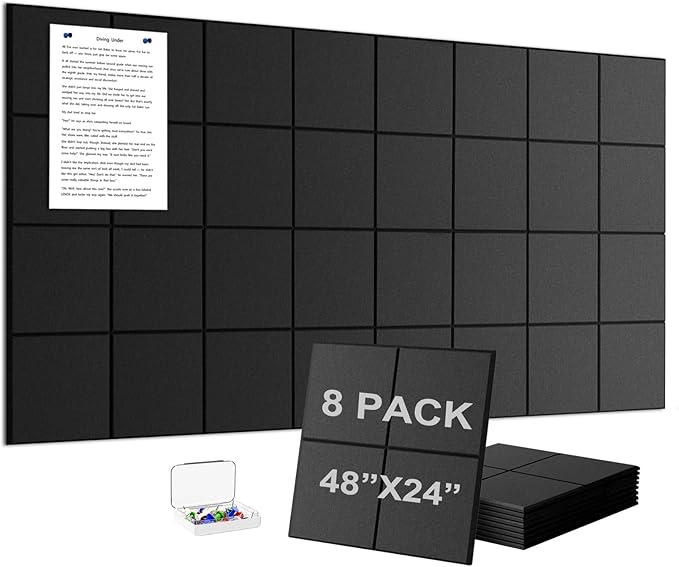 G Gamit Large Felt Wall Tiles Bulletin Board,Large Cork Board Alternative with 30 Pushpins,8-Pack Felt Pin Board with 56 Safe Removable Adhesive Tabs for Home Office School (Black)