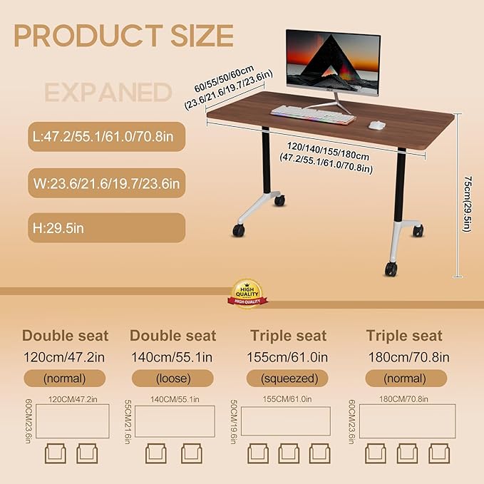 Folding Conference Table 4ft 5ft, Foldable Office Meeting Desk for 6 People, Multiple Sizes Colors Mobile Conference Room Table for Training Room School Business Furniture (2, Walnut, 63in)