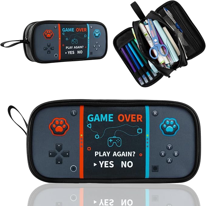Easozoom Large Game Controller Pencil Case for Teen Boy Kid Capacity Pen Box Pouch Organizer Holder Bag with 3 Compartments & Zipper School College Office Supplies (1PCS Pencil Case) (Gray)