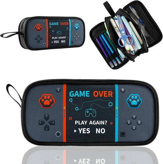 Easozoom Large Game Controller Pencil Case for Teen Boy Kid Capacity Pen Box Pouch Organizer Holder Bag with 3 Compartments & Zipper School College Office Supplies (1PCS Pencil Case) (Gray)