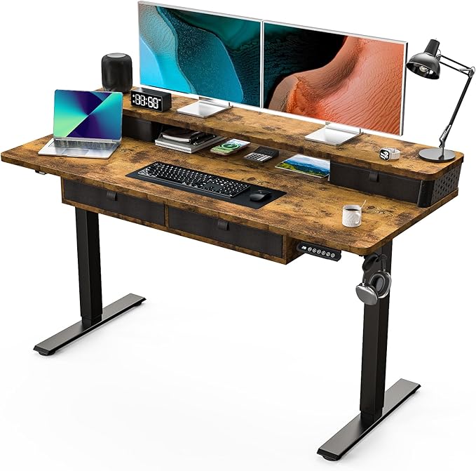 Kingant 55 x 24 Inch Electric Standing Desk with 4 Drawers, Height Adjustable Sit to Stand Computer Desk with Storage Shelf and C-Clamp Mount Compatibility for Home Office, Rustic Brown