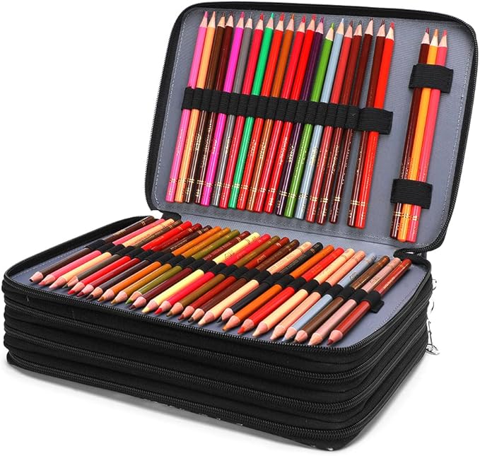 Vomgomfom Colored Pencil Case - 200 Slots Holder With Zipper Closure, Twill Fabric Large Capacity for Watercolor Pens or Markers, Organizer for Artist (Black)
