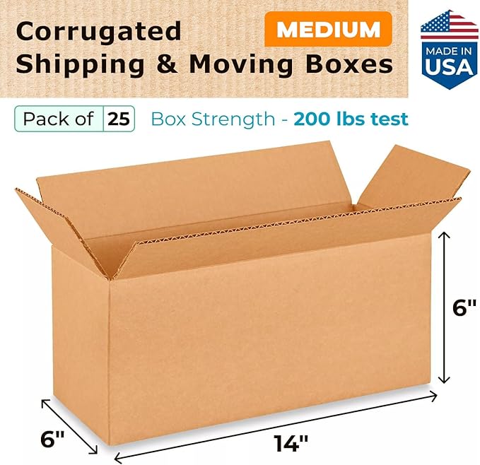 Medium Moving & Shipping Boxes 14"L x 6"W x 6"H (25-Pack) - Extra Strength 200 lb vs Regular - Corrugated Boxes for Packaging for USPS/FEDEX - Medium Moving Box - Carton Box by IDL Packaging