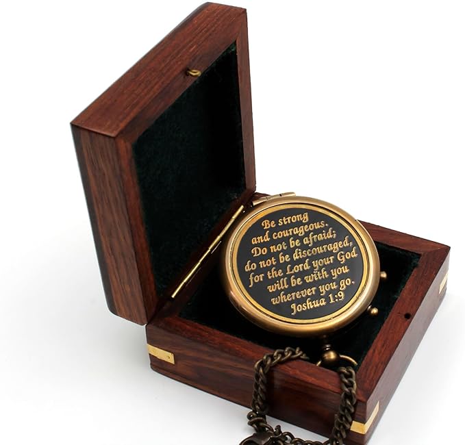 Be Strong and Courageous, Do Not Be Afraid Brass Engraved Compass with Stamped Wooden Case – Inspirational Birthday, Confirmation, and Baptism Gifts