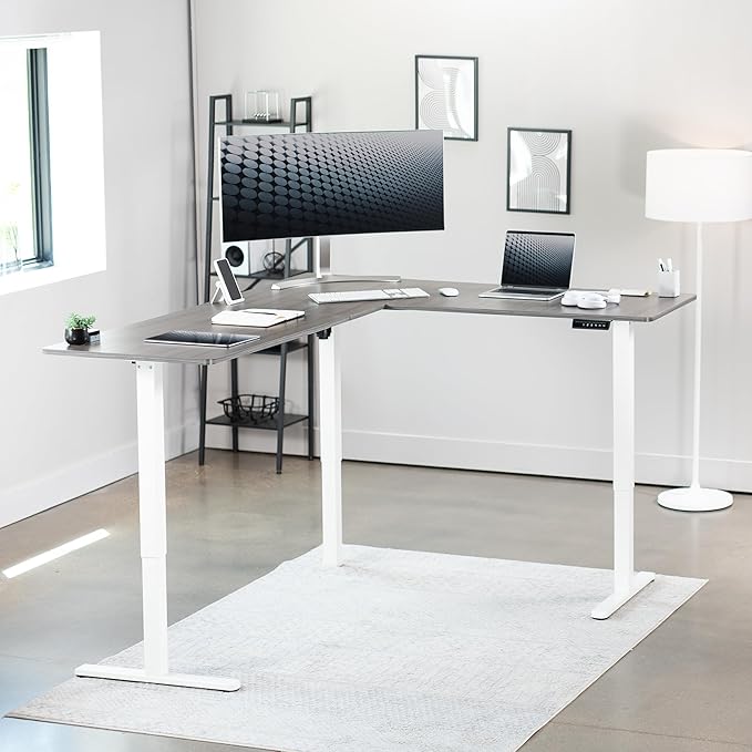 VIVO Electric Corner 75 x 63 inch L-Shaped Standing Desk, Memory Height Adjustment, Dark Gray Top White Frame, DESK-E3CTWG-75