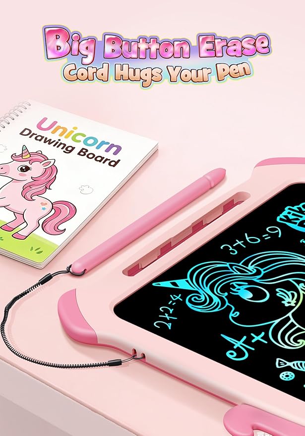 Kikapabi LCD Writing Tablet for Kids, Unicorn Colorful Screen Doodle Board, Electronic Drawing Pad, Educational Toy, Toddlers Travel Toy, Christmas Birthday Gift for 3 4 5 6 7 Year Old Girls Pink