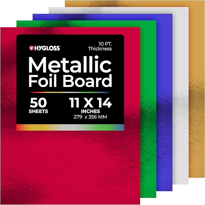 Hygloss Products Metallic Cardstock Sheets - 50 Sheets, 11” x 14” - 5 Assorted Colors - Sturdy 10 pt. - Foil Paper for Crafts, Scrapbooking, Posters & Decorations
