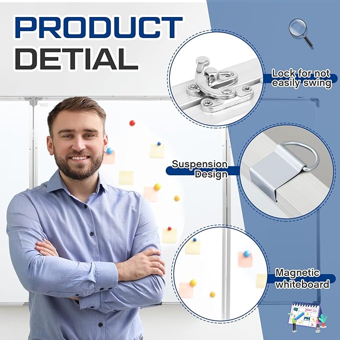 72” x 40” Foldable Whiteboard Dry Erase Board Large Tri Folding Whiteboard Magnetic Dry Erase Board, Wall Aluminium Frame and Pen Tray for Office, Home