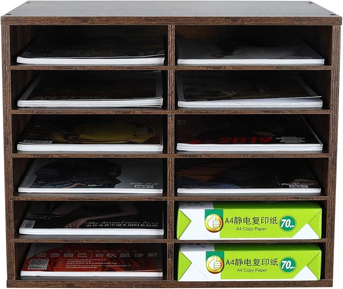 EasyPAG Wooden Literature Organizer with Adjustable Shelves, 12 Compartments Office Paper Organizer Storage 6000 Sheets Letter Size Paper, Student Mailbox for Classroom, Archaize