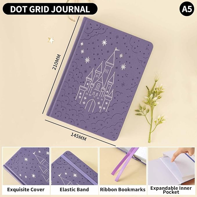 Crein Lynh Dot Grid Journal with 160GSM Thick Paper, 192 Pages, A5 Dotted Notebook for Work, School, Travel | 180° Lay Flat, Foil Stamped Cover, Elastic Band, 2 Bookmarks & Inner Pocket (Purple Castle)