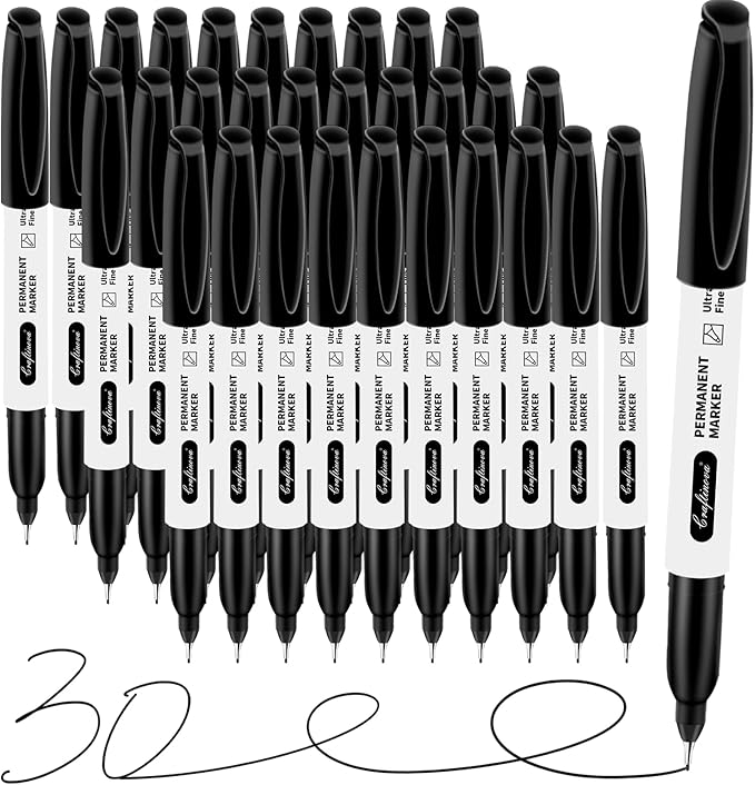craftinova Black Ultra Fine Point Permanent Markers, Extra Fine Tip, Quick Drying and Waterproof, Fade Resistant Perfect on Paper, Glass, Metal, Plastic, Wood, Office & School Use, 30 Pack