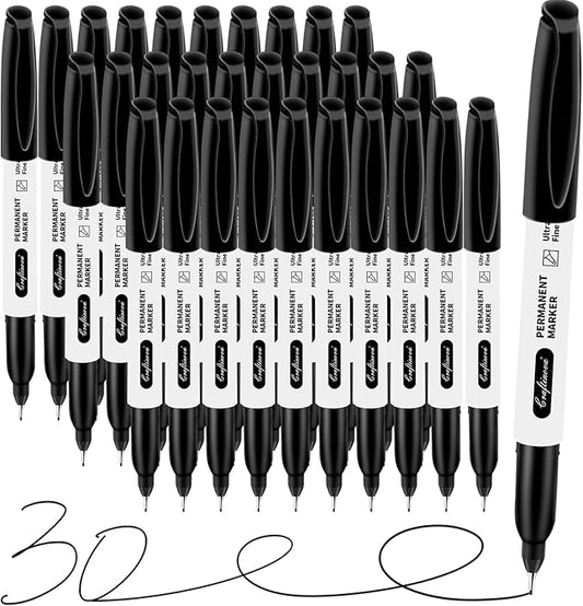 craftinova Black Ultra Fine Point Permanent Markers, Extra Fine Tip, Quick Drying and Waterproof, Fade Resistant Perfect on Paper, Glass, Metal, Plastic, Wood, Office & School Use, 30 Pack
