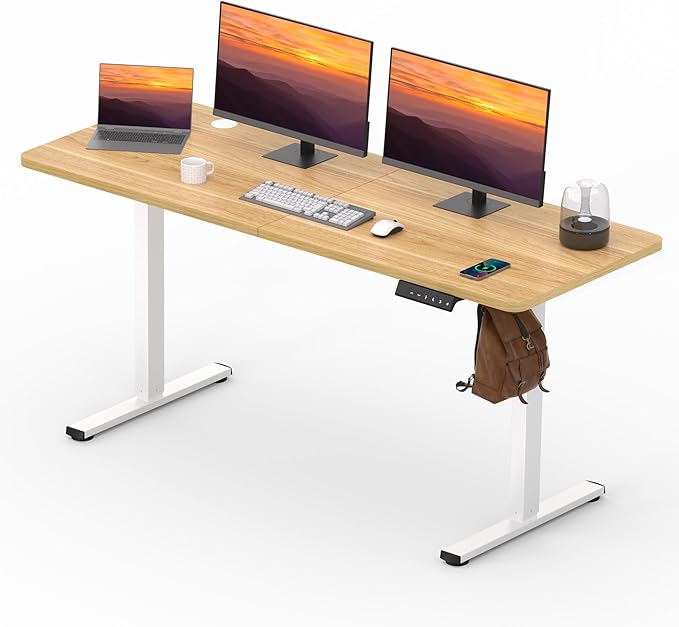 FitStand Adjustable Standing Desk, 63x24 Inches Home Office Desk with Memory Preset Computer Workstation Maple Top + White Frame