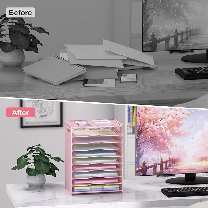 OUTWOLF 10 Tier Paper Organizer - Letter Tray Mesh Desk File Organizer with Handles for Office School Desktop,Pink
