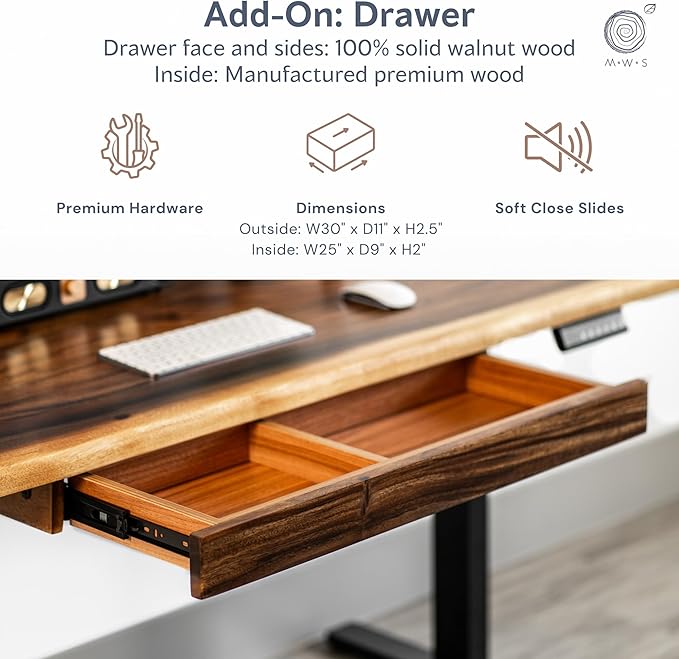 Standing Desk with Drawer – Walnut Solid Wood Desk, Natural Live Edge, Adjustable Height Dual Motor, Sit Stand for Home Office (Black, W60 x D27)