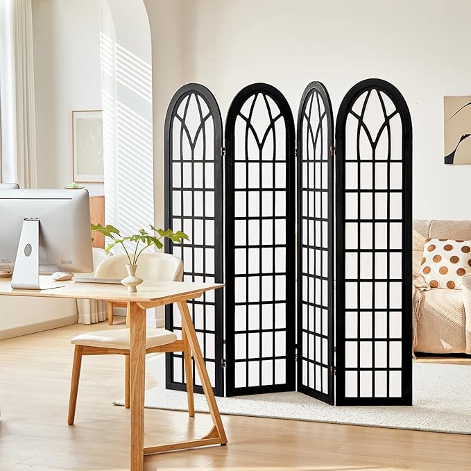 Asnefeli Room Divider 4 Panel, Japanese Shoji Privacy Screen for Bedroom Home Office Separation, Folding Wood Partition Wall, 5.6 Ft Black Decor