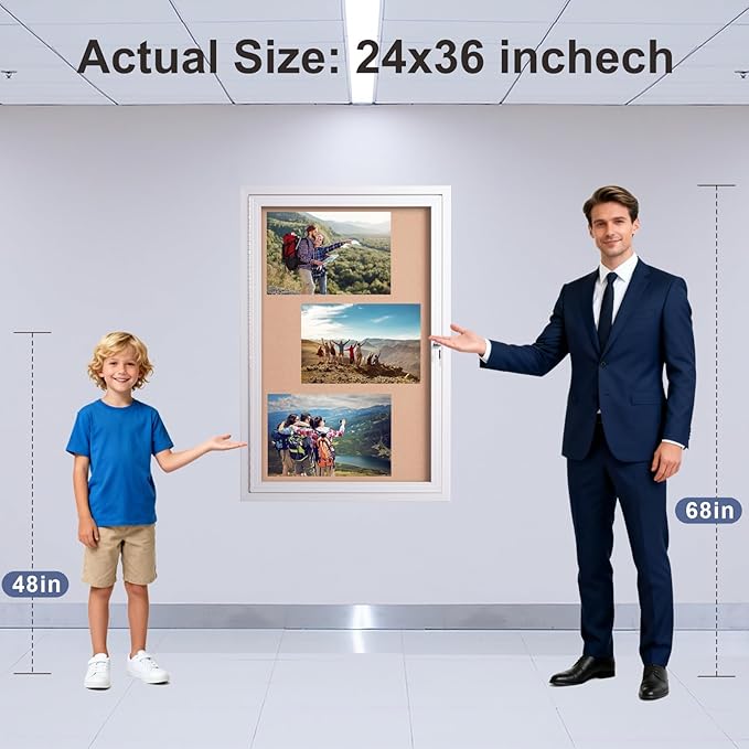 36×24 Inch Lockable Enclosed Bulletin Board, Weather-Resistant Outdoor Noticeboard with 2Locking Doors, Wall-Mounted Silver Aluminum Frame & Cork Presentation Board
