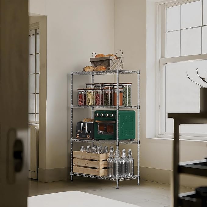 M MZG 1000 lbs 4Tier Shelf Metal Storage Shelves Wire Rack Closet Organizers with Wheel for Garage Kitchen Bathroom Laundry Chrome 13.7" D x 23.6" W x 53.4" H