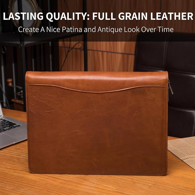 Geslun Personalized Genuine Leather Portfolio, Legal Size 8.5 x 14 Pad Holder, Custom Engraved Business Padfolio for Men Women, Zip 14" Laptop Organizer, Professional Notepad Folio, Brown, Oil Tanned