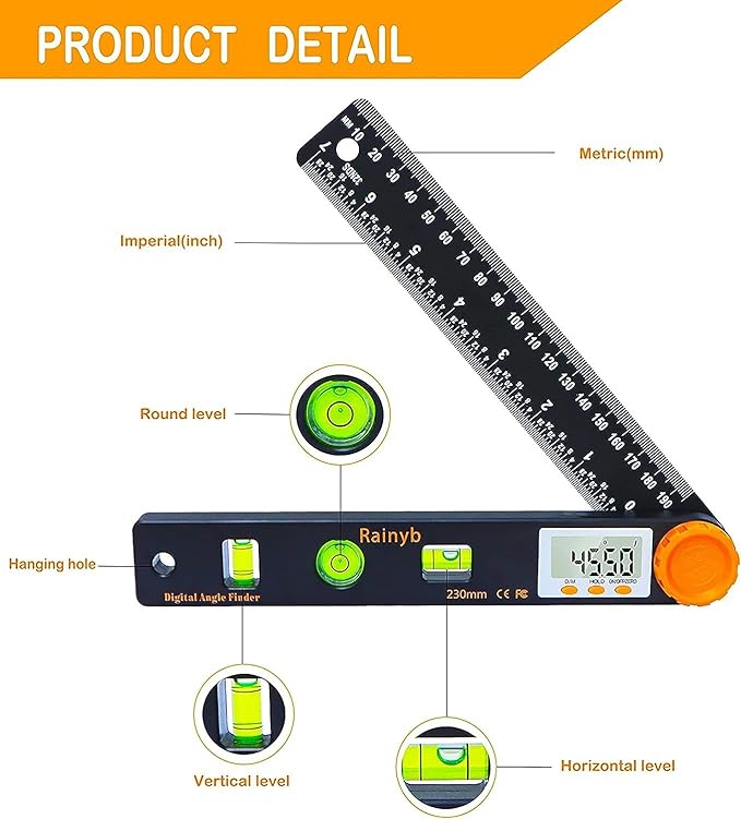 Rainyb Digital Angle Finder Tool 7inch 0-360 degree LCD Digital Protractor with Horizontal Vertical Bubble Levels and Ruler Meter Accurate Tools for Carpenters,Woodworkers,Fabricators（7-Inch X 2Pcs）
