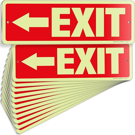 iSYFIX Exit Signs with Directional Left Arrow, Glow in the Dark, Photoluminescent Aluminum 12x4 Inch - 12 Pack, Laminated for UV & Weather Resistance, Ideal for Offices, Schools, Theaters & More