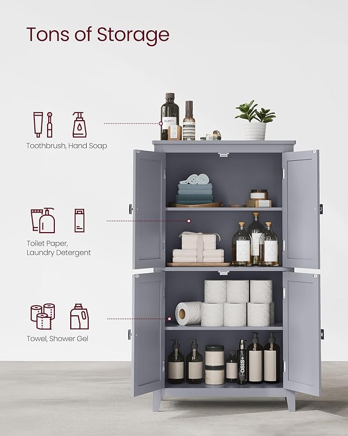VASAGLE Floor Storage Cabinet, Freestanding Storage Unit with 4 Doors, Adjustable Shelves, 11.8 x 23.6 x 43.3 Inches, for Entryway, Bathroom, Dove Gray UBBC552P36