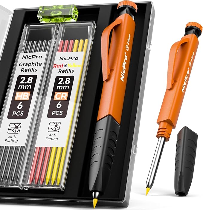 Nicpro Upgraded 3-IN-1 Carpenter Pencils with Sharpener & Finger Grip, Construction Pencil with 13 Leads, Deep Hole Marking Tool, Solid Mechanical Pencil for Carpenters Scriber Architect Woodworking