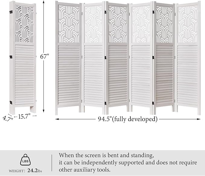 Svimi Folding Room Divider, 66.9 Inch 6 Panels Wood Carved Privacy Screens, Free Assembled Freestanding Portable Separation Wall for Home Office Restaurant Bedroom (White)
