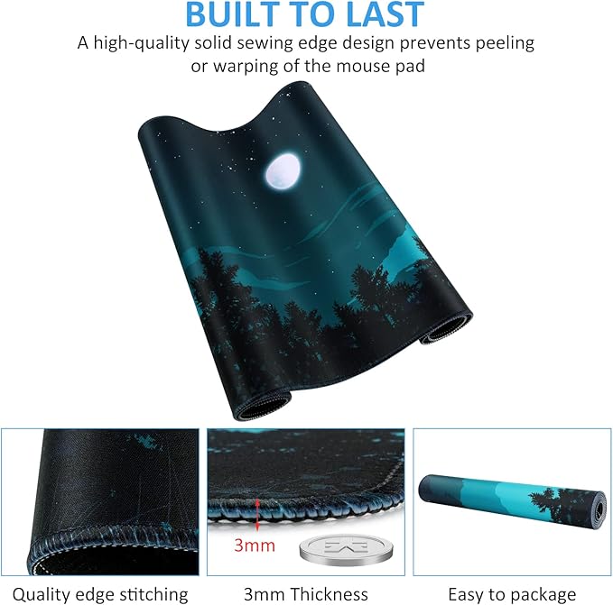 iCasso Extended Gaming Mouse Pad (35.4x15.7 in), Large 3mm Non-Slip Rubber Base Mousepad with Stitched Edges, Waterproof Keyboard Mouse Mat Desk Pad for Work, Game, Office, Home - Silent Night