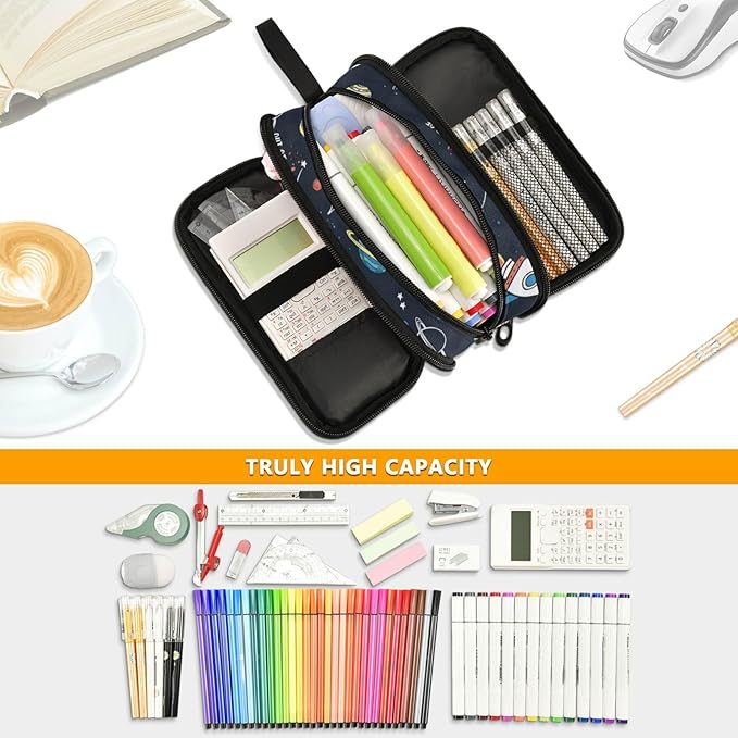 BOENLE Space Rocket Planet Pencil Case Box Boys Girls Large Pencil Pouch with Zipper Compartments Big Capacity Stationery Pen Bag Organizer for Kids Teens Adults School Office
