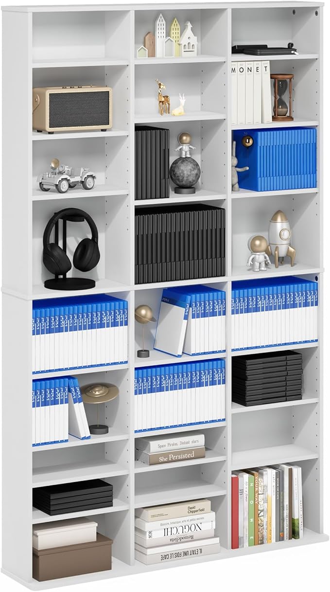 Furinno Jaya DVD Shelf, Wide 24-Shelf CD Rack, Media Shelf with Adjustable Shelves, Easy Assembly DVD Storage Cabinets for CD Blueray Game Disc, for Living Room, Home Office, Plain White