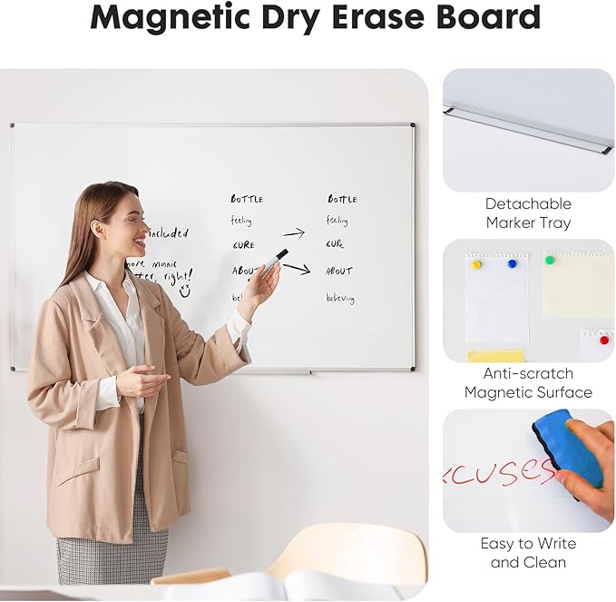 NEWBULIG White Board, 36" x 24" Magnetic Dry Erase Board for Wall with 1 Dry Eraser & 2 Multi-Color Markers & 4 Magnetic Pins, Silver Aluminum Frame for Office, Home, School