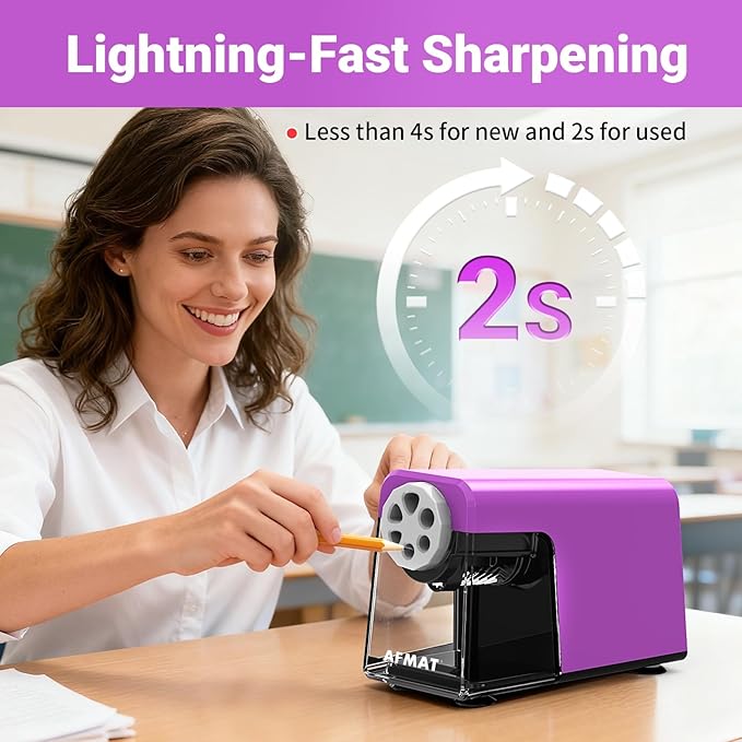 AFMAT 6-Hole Electric Pencil Sharpener, Cordless & Rechargeable, Colored Pencil Sharpener for 6-11mm Pencils, Auto Stop, Super Fast, 10,000+ Sharpenings, Battery Powered for Classroom/Home/Office PSD1