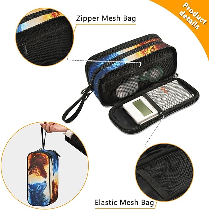 BOENLE Wolf Ice Blue Fire Pencil Case Box Boys Girls Large Pencil Pouch with Zipper Compartments Big Capacity Stationery Pen Bag Organizer for Kids Teens Adults School
