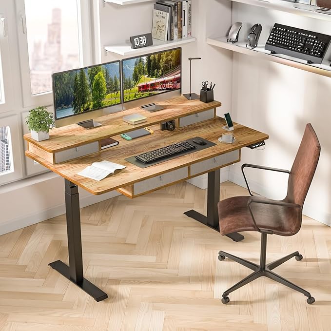 Kingant 55 x 30 Inch Electric Standing Desk with 4 Drawers, Adjustable Height Computer Desk for Home Office, Large Workstation Sit Stand Up Desk with Built-in USB A/C Ports, Light Rustic Brown