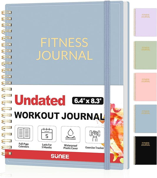 Fitness Journal Workout Planner for Women & Men, A5 (6.4" x 8.3") Workout Journal Log Book Planner Gift for Track Gym Essentials, Home Workouts, Track Progress, Achieve Wellness Goals, Grey Blue