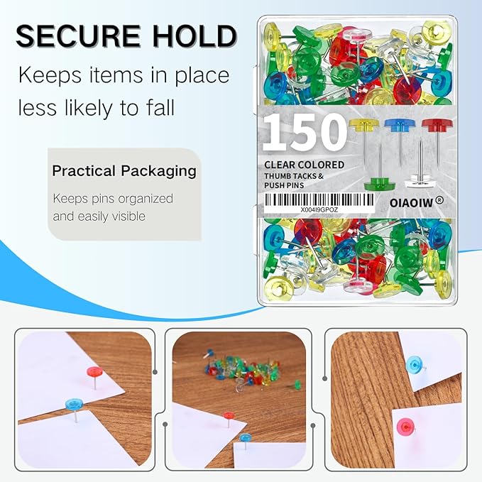 150 PCS Colored Push Pins for Wall Thumb Tacks for Walls Flat thumbtacks Push pin for Bulletin Board Shadow Box Display Thumbtack for Cork Board (Clear Colored)