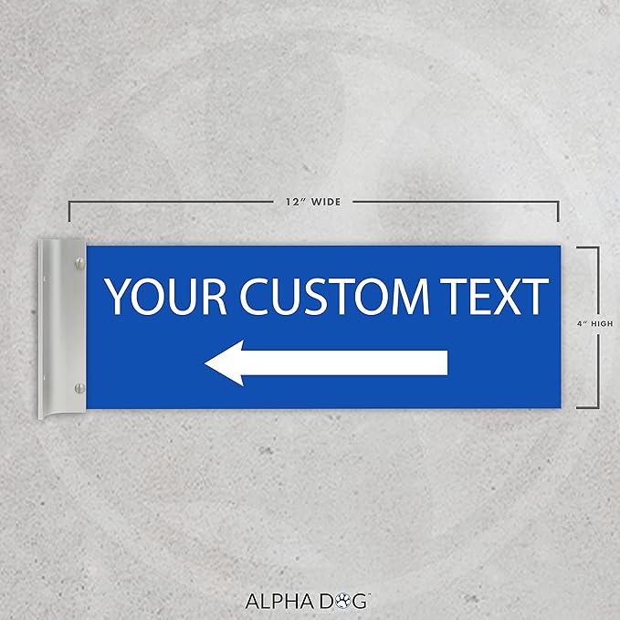 ALPHA DOG SIGNS Custom Projecting Hallway Sign, 4"x12" Double-Sided Business Plaque Left Arrow, Personalized Indoor Outdoor Wayfinding, Easy Install, Durable, Made in USA (Blue)