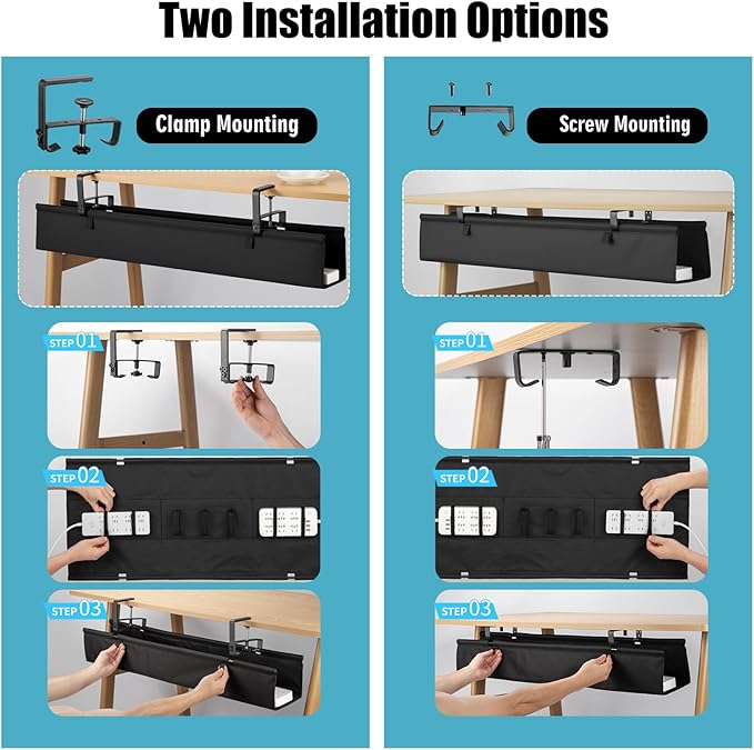 Oxford Cloth Under Desk Cable Management Tray,No-Drill 48" Desk Cable Management Organizer with Clip/Screw Installation,Holds Up to 70 lbs,Fabric Cable Management for Home,Office & Gaming Computer