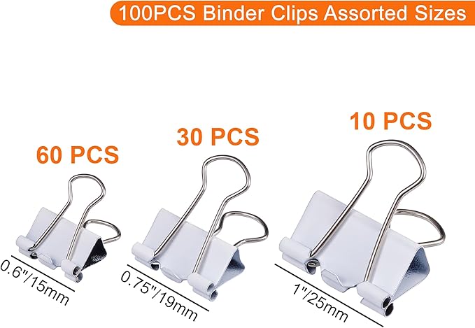NEEWAY Binder Clips Assorted Sizes, White Binder Clips Set for Office and Home Use - Pack of 100