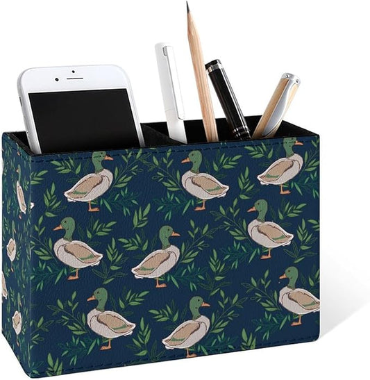 Famame Cute Farm Animal Mallard Duck Pencil Holder for Desk, Leather Desktop Container Pen Cup Storage Study Table Pen Organizer Makeup Brushes Holder for Office Home