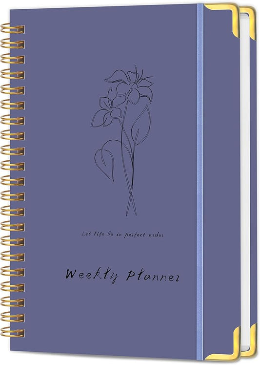 Undated Weekly Planner with Metal Corner Hardcover Notebook , A5 Size Journal with To Do List Planner, Habit Tracker,Weekly Goals for ADHD,Student, Office, Women, Men ,Gifts,6 x 8 inches，Spiral Bindding ,Purple