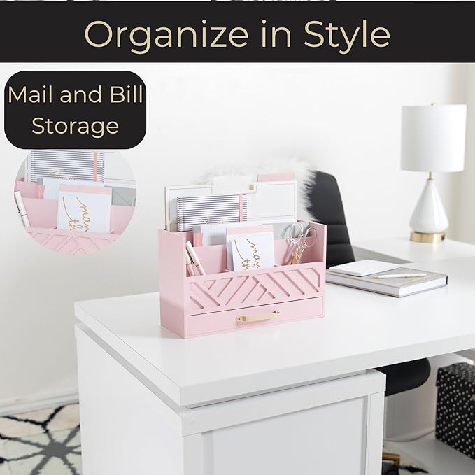 BLU MONACO Pink Wooden Desk Organizer With Storage Drawer and Gold Handle | Desktop Mail Sorter and Stationery Holder for Home Office | 4.6” x 12.4” x 7.5” Multi-Compartment Accessory Organizer